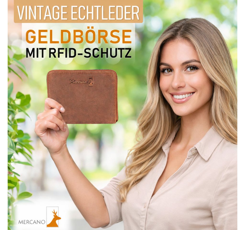 Mercano Geldbörse Klein mit Reißverschluss (inkl. Geschenkbox), 6 Kartenfächer, RFID-Schutz, Vintage-Leder, Kompaktformat (13 × 10 cm) – Bild 4 von 5