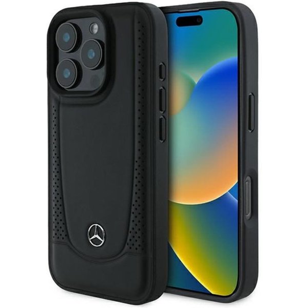 Mercedes Benz Handyhülle iPhone 16 Pro Max Echtleder schwarz Logo Metall 6,9 Zoll, Kantenschutz