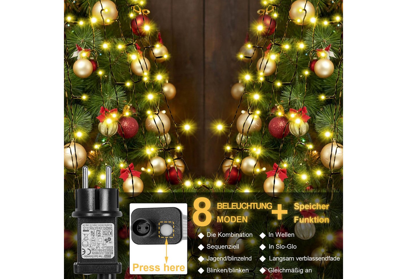 MERRY 2026 LED-Lichterkette Weihnachtsbaum,8 Modi & Timer,LED Weihnachtsbeleuchtung Warmweiß, Memory, 2700K Christbaumbeleuchtung für Weihnachtsdeko – Bild 3 von 5