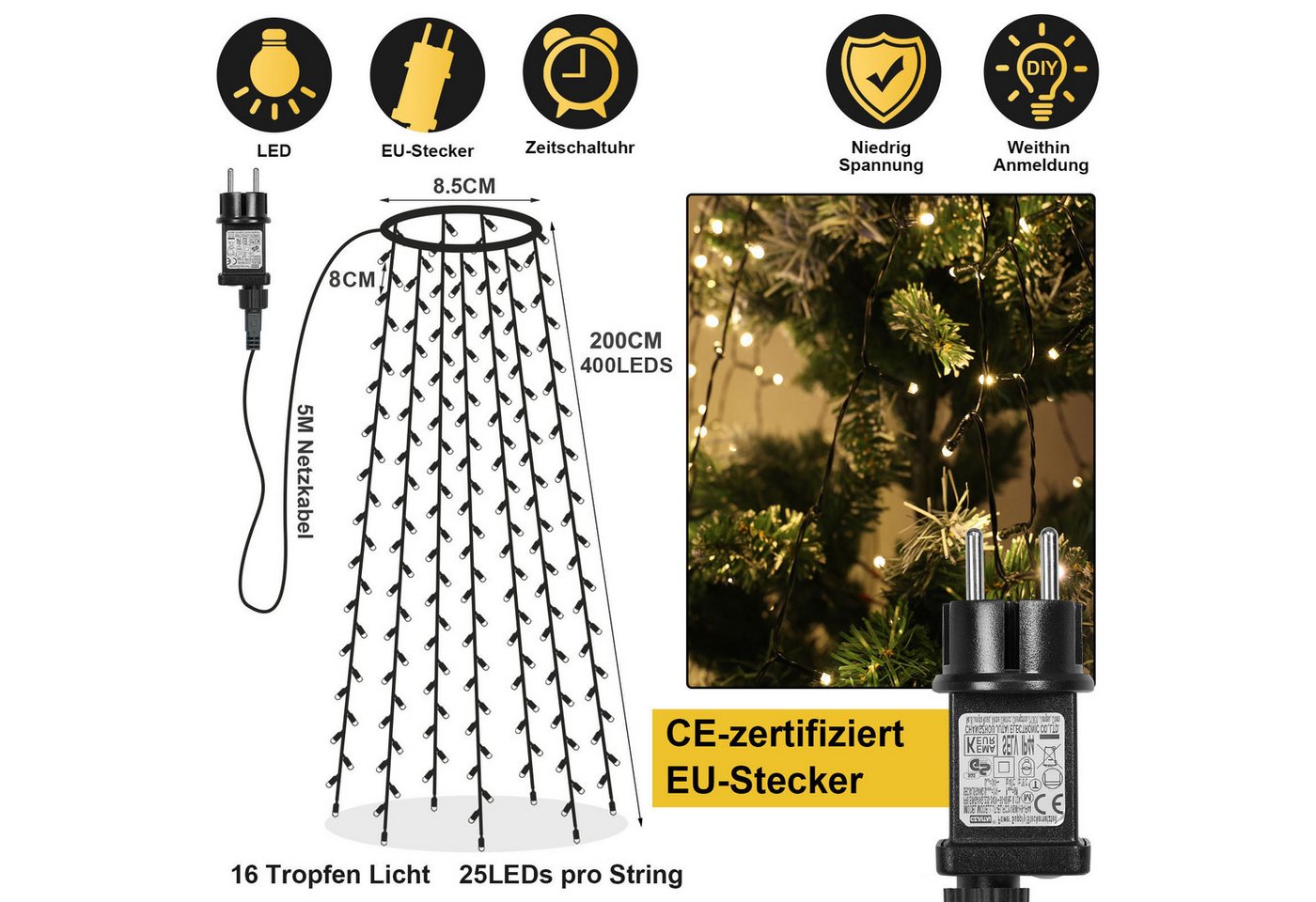 MERRY 2026 LED-Lichterkette Weihnachtsbaum,8 Modi & Timer,LED Weihnachtsbeleuchtung Warmweiß, Memory, 2700K Christbaumbeleuchtung für Weihnachtsdeko – Bild 5 von 5