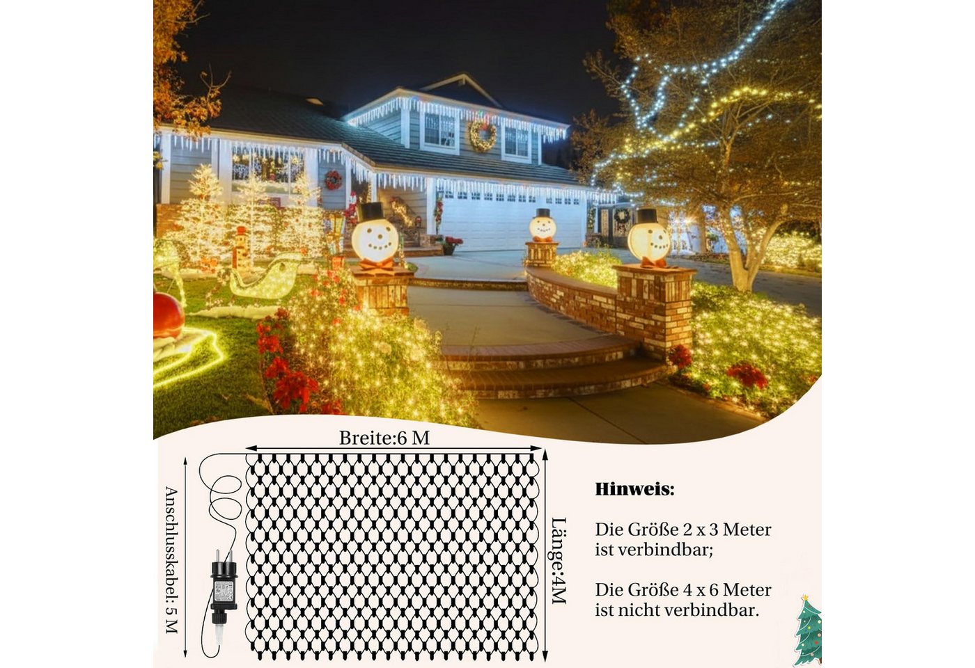 MERRY 2026 LED-Lichternetz mit 8 Modi,31V Sichere LED Lichterkette Netz für Weihnachtsdeko, 6x4M 660 LEDs, mit Timer Lichtnetz für Büsche Garten Balkon Fenster – Bild 5 von 5
