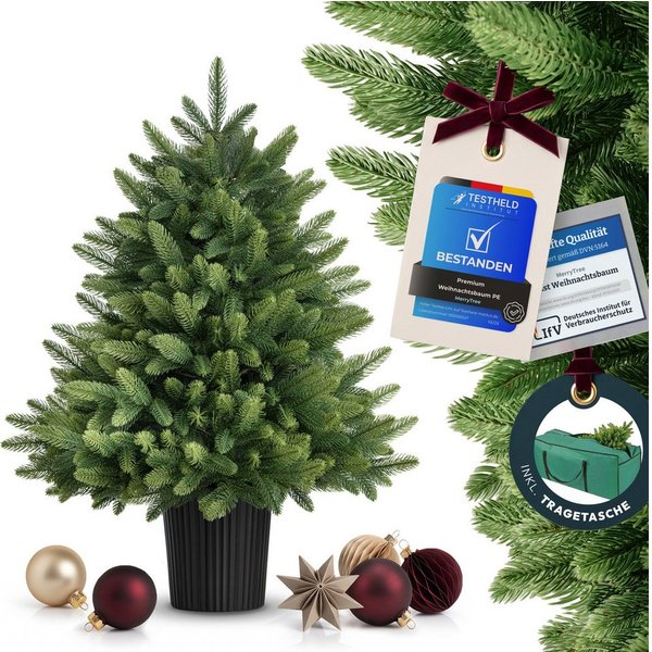 MERRY TREE Künstlicher Weihnachtsbaum Luxus Kunst-Tannenbaum, 100 % PE-Nadeln, Holzfuß, Nordmantanne, mit/ohne LED-Beleuchtung, Tannenbaum Spritzguss