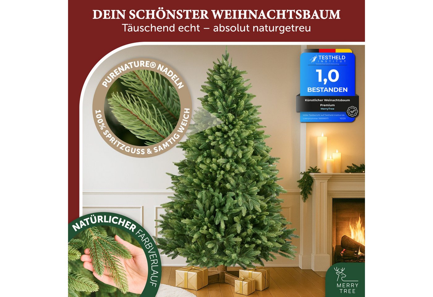 MERRY TREE Künstlicher Weihnachtsbaum Luxus Kunst-Tannenbaum, 100 % PE-Nadeln, Holzfuß, Nordmantanne, mit/ohne LED-Beleuchtung, Tannenbaum Spritzguss – Bild 2 von 5