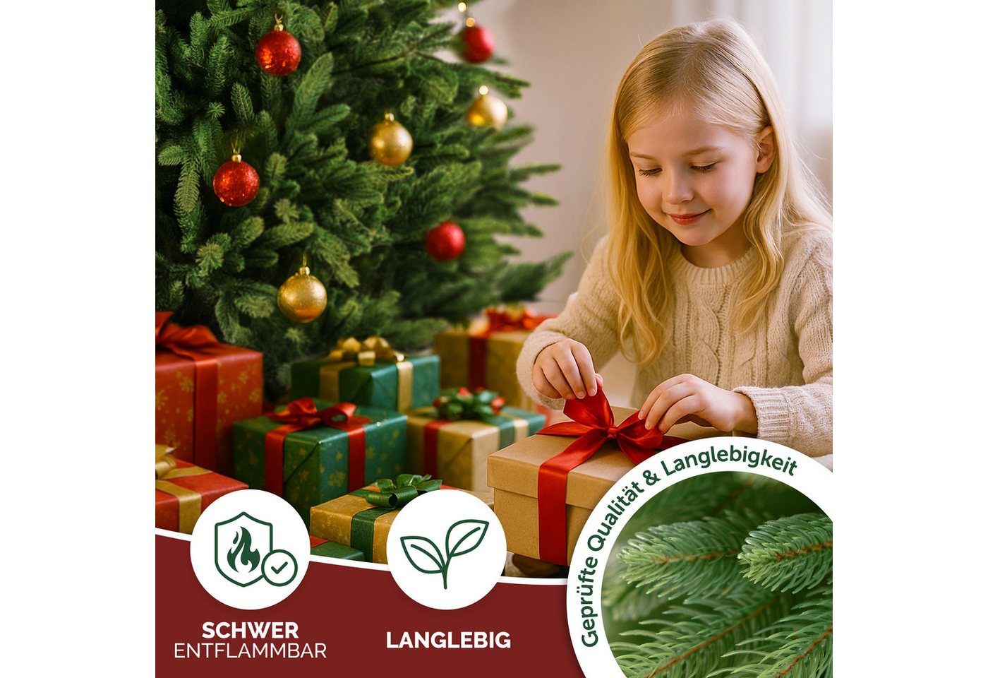 MERRY TREE Künstlicher Weihnachtsbaum Luxus Kunst-Tannenbaum, 100 % PE-Nadeln, Holzfuß, Nordmantanne, mit/ohne LED-Beleuchtung, Tannenbaum Spritzguss – Bild 4 von 5