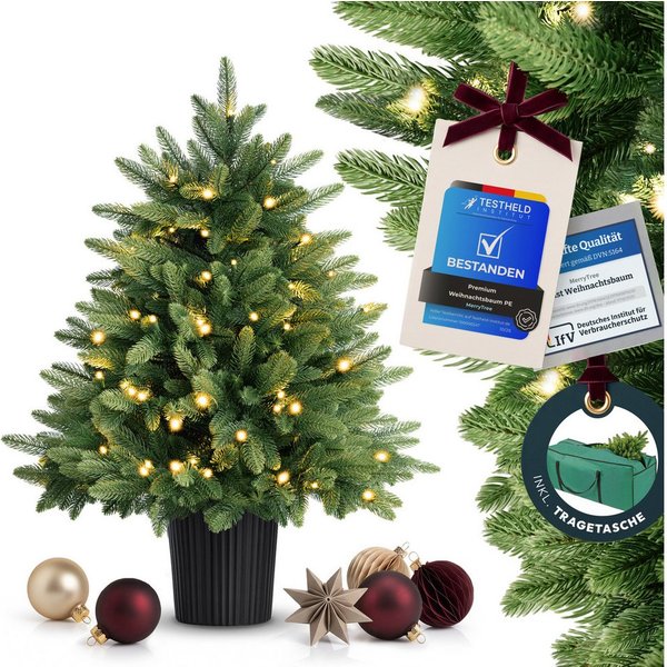 MERRY TREE Künstlicher Weihnachtsbaum Luxus Kunst-Tannenbaum, 100 % PE-Nadeln, Holzfuß, Nordmantanne, mit/ohne LED-Beleuchtung, Tannenbaum Spritzguss