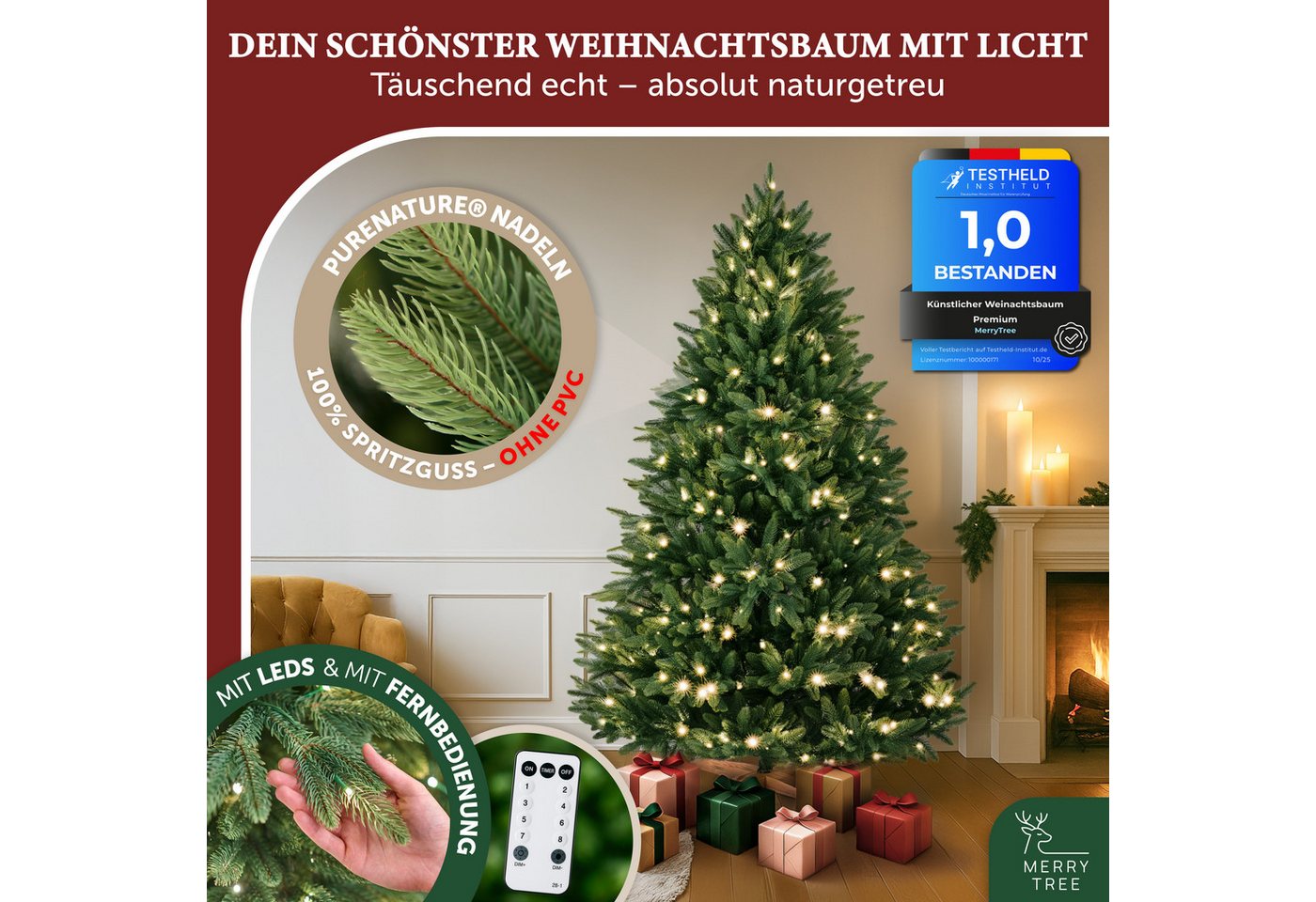 MERRY TREE Künstlicher Weihnachtsbaum Luxus Kunst-Tannenbaum, 100 % PE-Nadeln, Holzfuß, Nordmantanne, mit/ohne LED-Beleuchtung, Tannenbaum Spritzguss – Bild 2 von 5