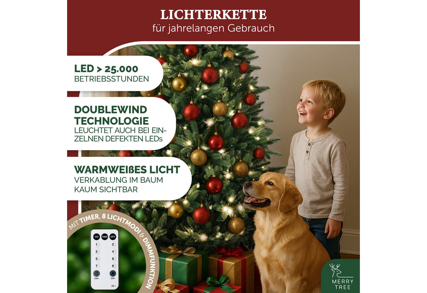 MERRY TREE Künstlicher Weihnachtsbaum Luxus Kunst-Tannenbaum, 100 % PE-Nadeln, Holzfuß, Nordmantanne, mit/ohne LED-Beleuchtung, Tannenbaum Spritzguss – Bild 3 von 5