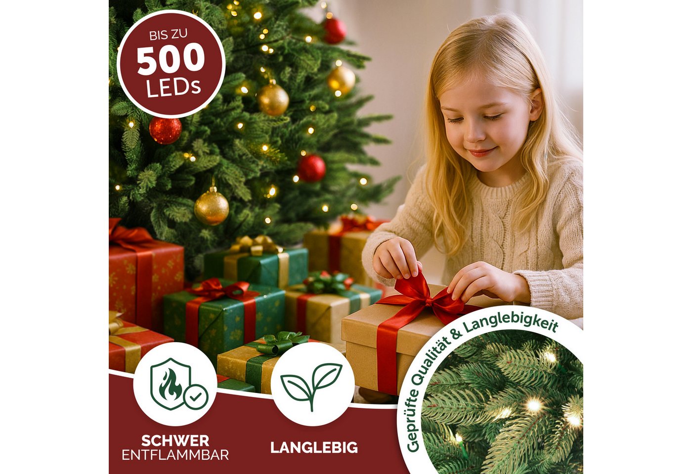 MERRY TREE Künstlicher Weihnachtsbaum Luxus Kunst-Tannenbaum, 100 % PE-Nadeln, Holzfuß, Nordmantanne, mit/ohne LED-Beleuchtung, Tannenbaum Spritzguss – Bild 4 von 5