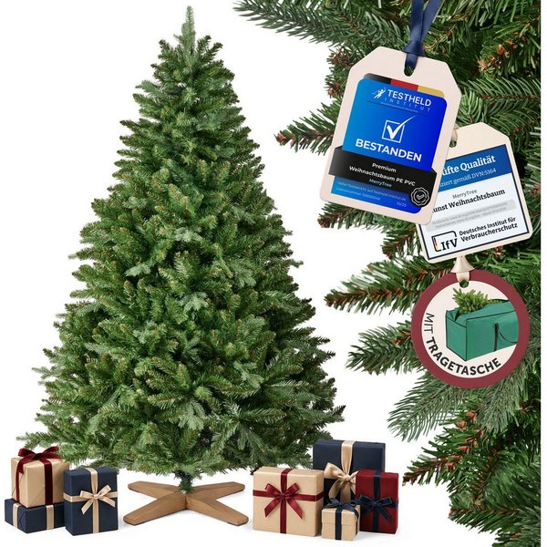 MERRY TREE Künstlicher Weihnachtsbaum Premium künstlicher Weihnachtsbaum aus naturgetreuem PVC + PE, Nordmanntanne, Spritzguss Mix mit massivem Holzfuß, mit und