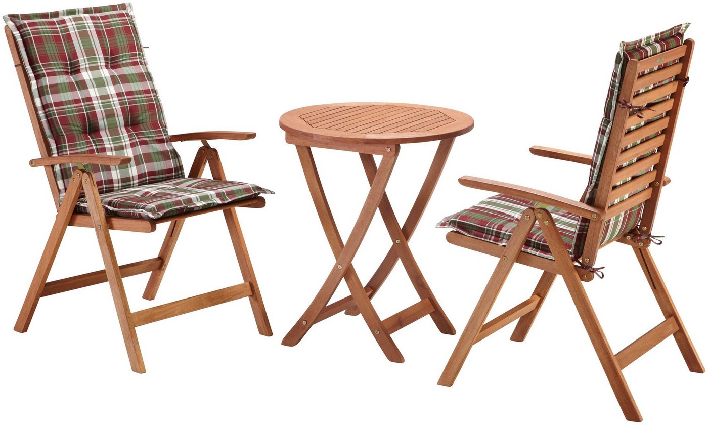 MERXX Balkonset Borkum, (5-tlg., 2x Klappsessel, inkl. Sitz- und Rückenkissen, 1x Klapptisch Ø 65 cm), Eukalyptusholz, FSC® Mix, geeignet für 2 Personen – Bild 2 von 5