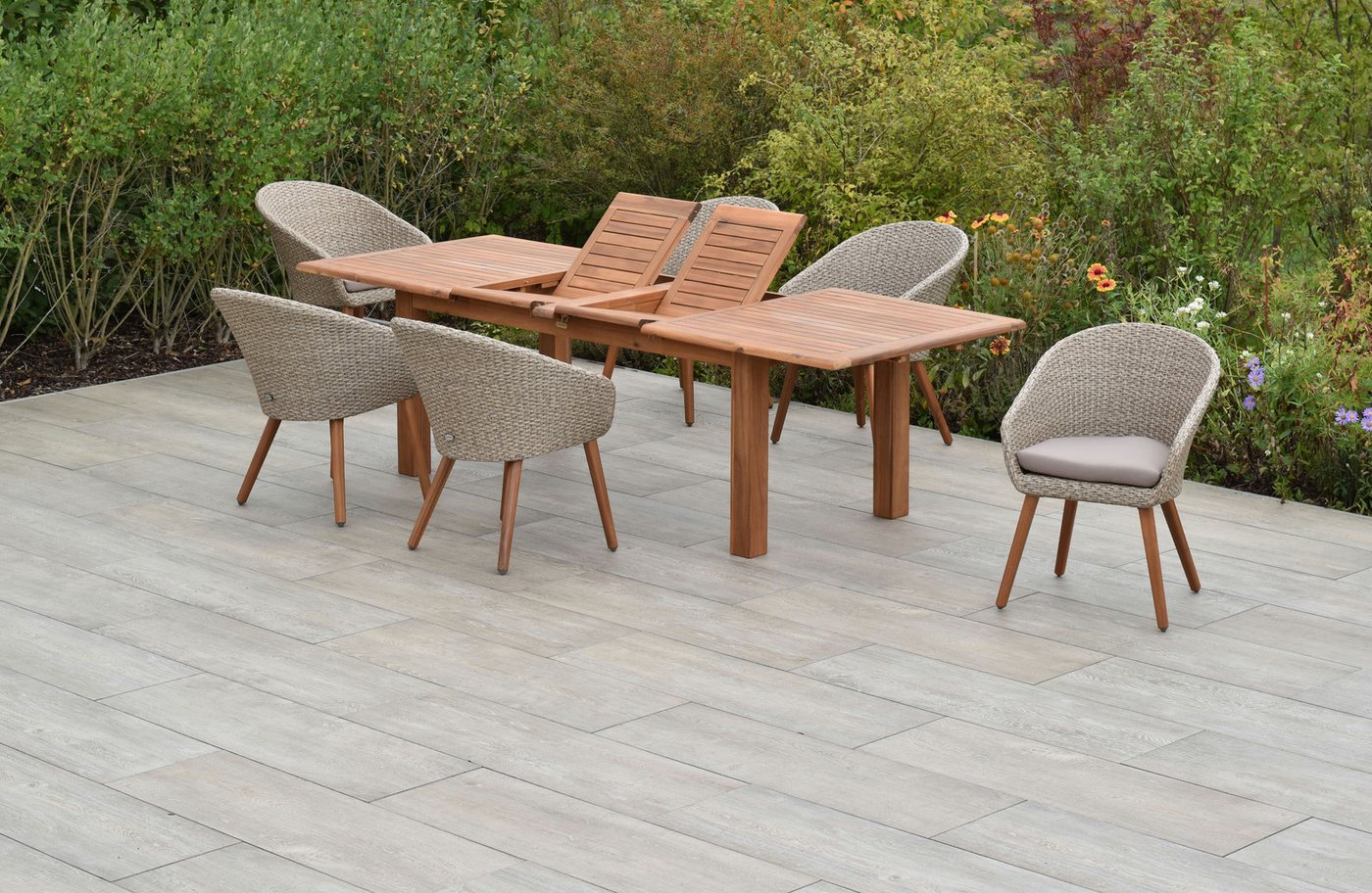 MERXX Garten-Essgruppe »Arrone«, (Set, 7-tlg., Tisch doppelt ausziehbar: 100x 180/220/260x 75 cm), Sesselbeine aus Akazienholz, Beine 9x9 cm, Tischplatte 3 cm – Bild 2 von 5