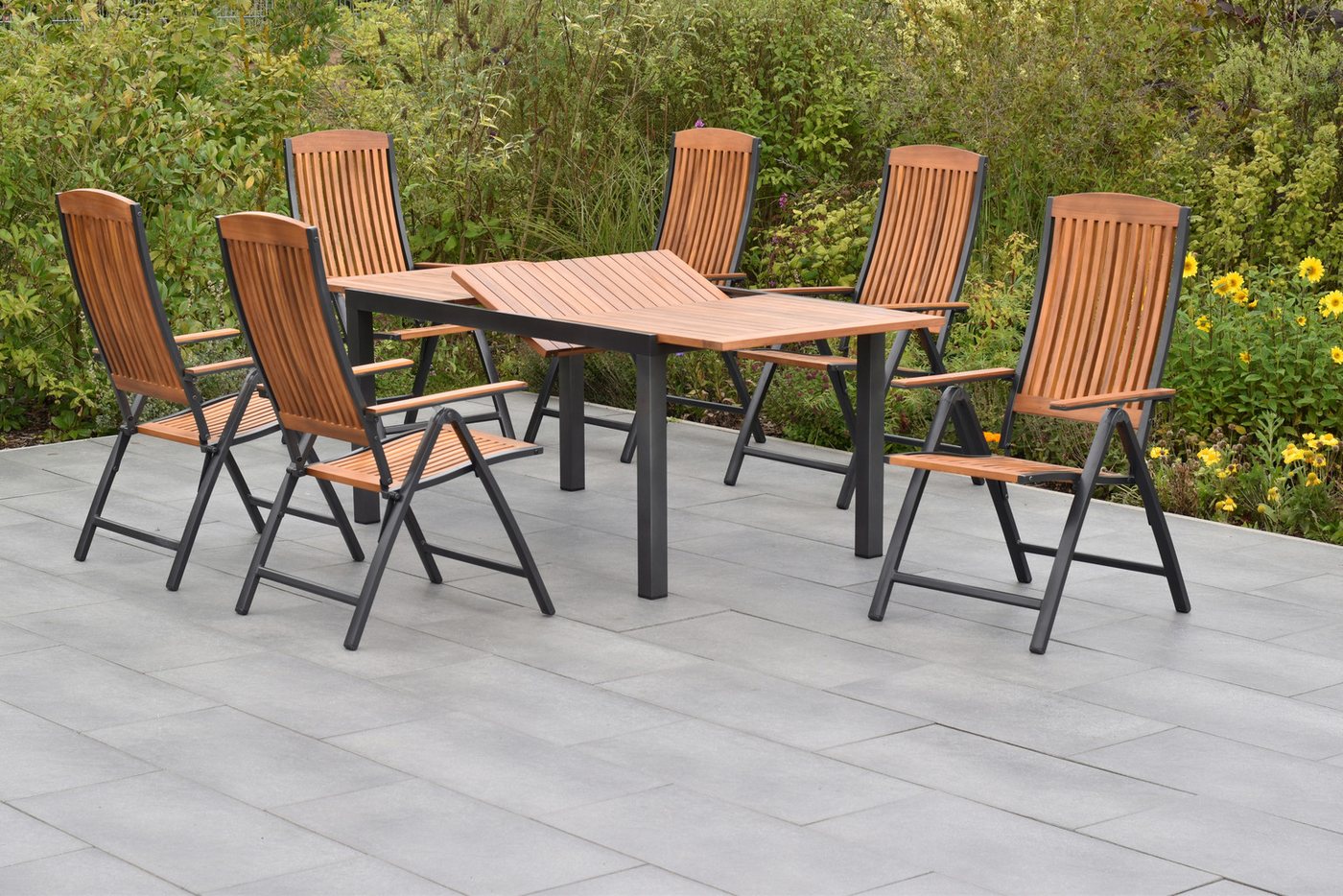 MERXX Garten-Essgruppe »Athos«, (Set, 7-tlg., 5-fach verstellbare Rückenlehne, Aluminium mit Akazienholz), Ausziehtisch: LxB: 150-200 x 90 cm – Bild 2 von 2
