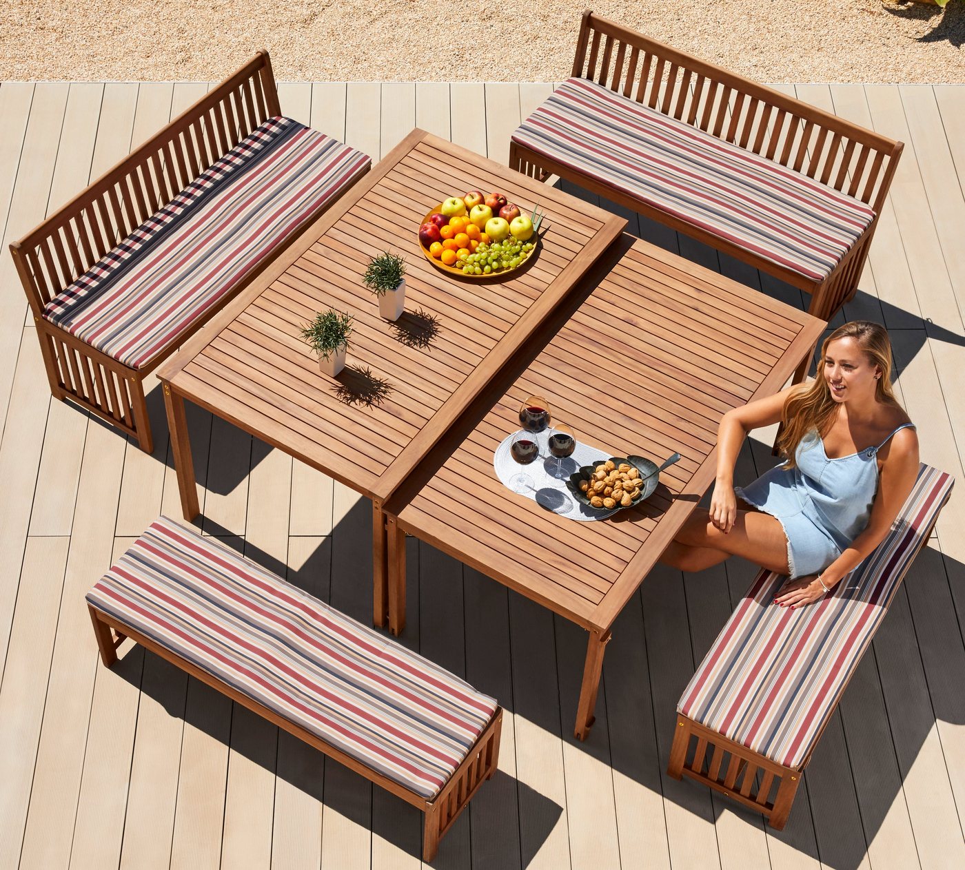 MERXX Garten-Essgruppe Hawaii, (4x Bänke, 2x Tische, 4x Sitzkissen), Akazienholz FSC® 100 % – Bild 2 von 5