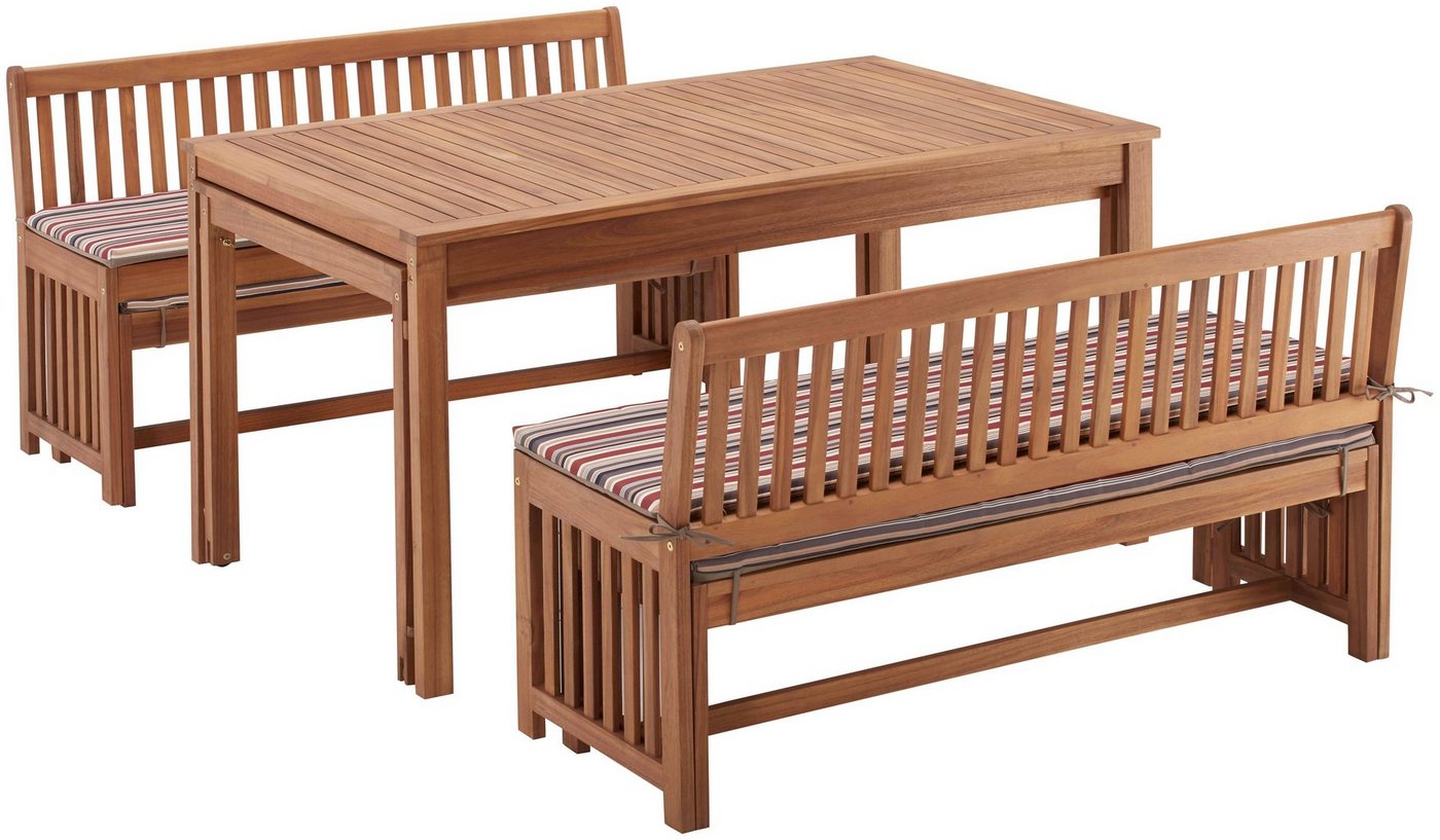 MERXX Garten-Essgruppe Hawaii, (4x Bänke, 2x Tische, 4x Sitzkissen), Akazienholz FSC® 100 % – Bild 3 von 5