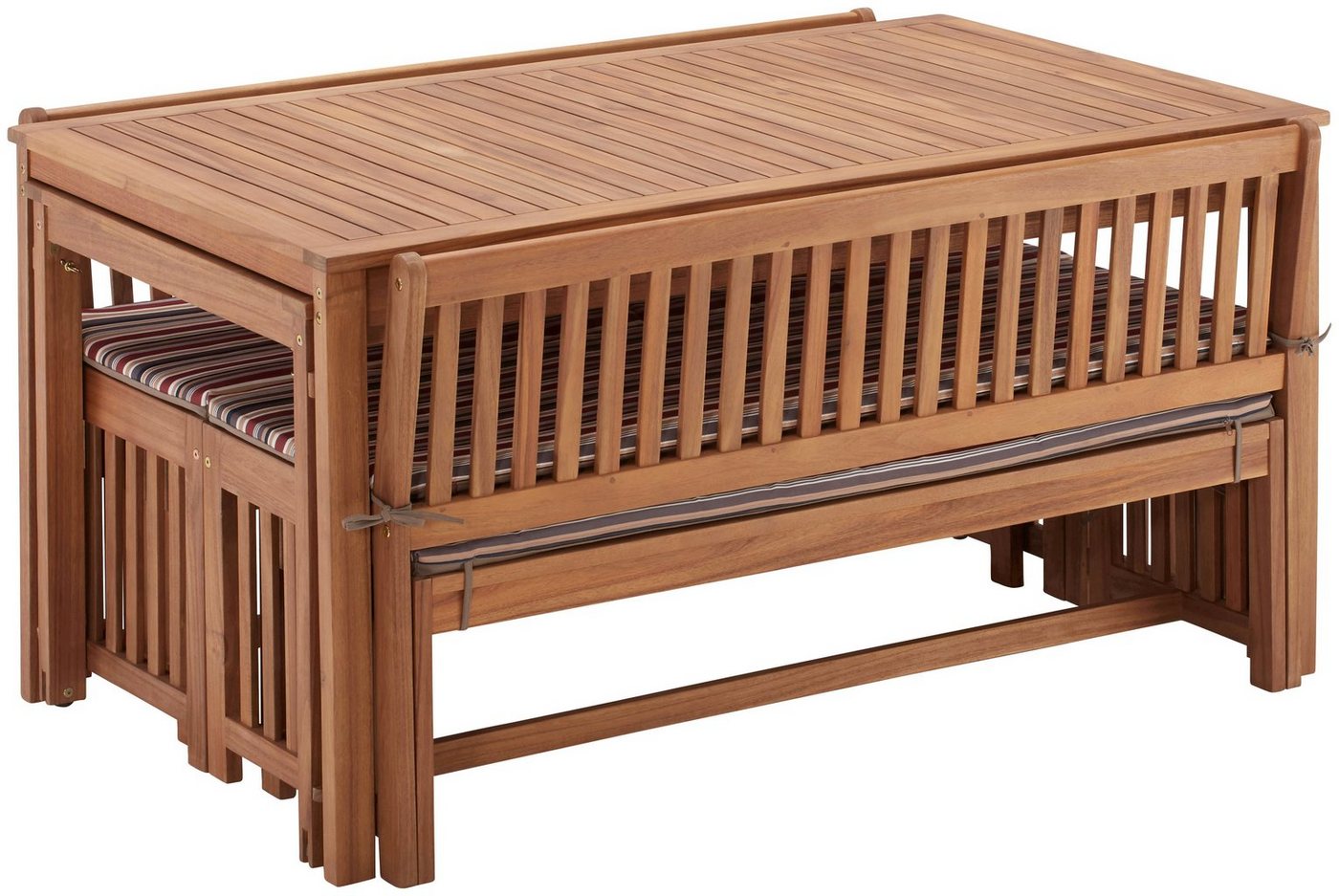 MERXX Garten-Essgruppe Hawaii, (4x Bänke, 2x Tische, 4x Sitzkissen), Akazienholz FSC® 100 % – Bild 4 von 5