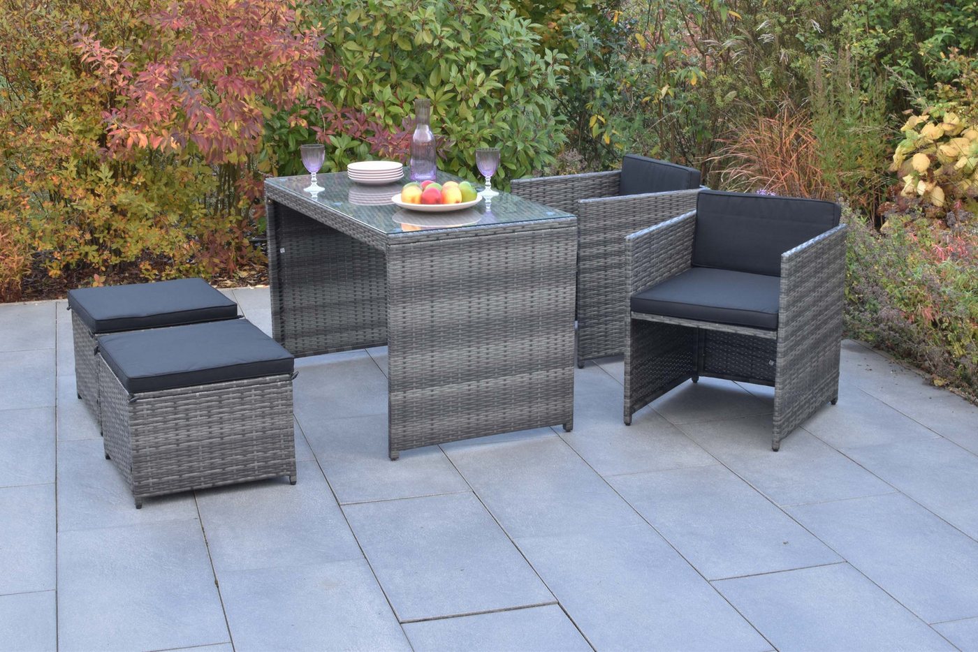 MERXX Garten-Essgruppe Merano, (Set, 5tlg), 2 Sessel inkl. Sitz- und Rückenkissen, 2 Hocker, Tisch 121,5 x 65 cm – Bild 3 von 5