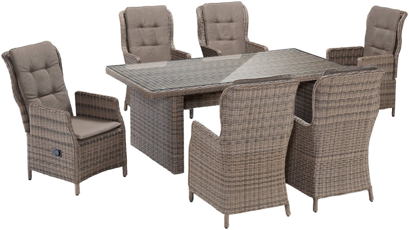 MERXX Garten-Essgruppe Riviera, (13-tlg., 6x Sessel inkl. Sitz- und Rückenkissen, 1x Tisch 200x100 cm), Polyrattan, Stahl, inkl. Auflagen, geeignet für 6 Person – Bild 2 von 5