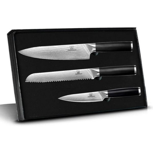 Küchenkompane Messer-Set Küchenkompane 3-tlg. Damast-Messerset Okami inkl. Chefmesser (3-tlg), 3-teiliges Set, 67 Lagen Damaststahl, 62 HRC, Edelstahlgriff