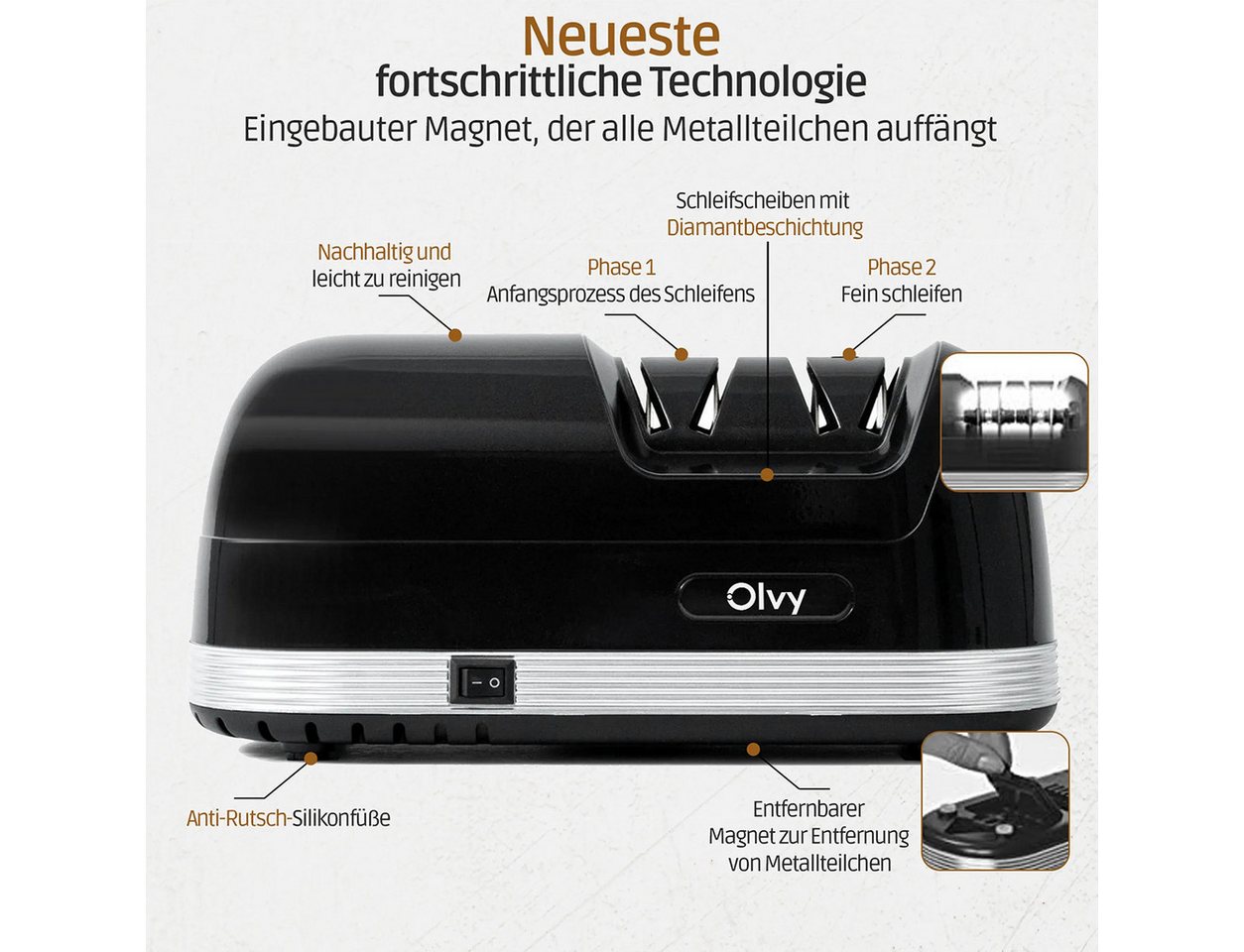 Olvy Messerschärfer Olvy Elektrischer Messerschärfer PRO, Profi-Diamant-Messerschärfer, Profi-Diamant-Schleifsystem, für gezackte und gehärtete Messer – Bild 4 von 5