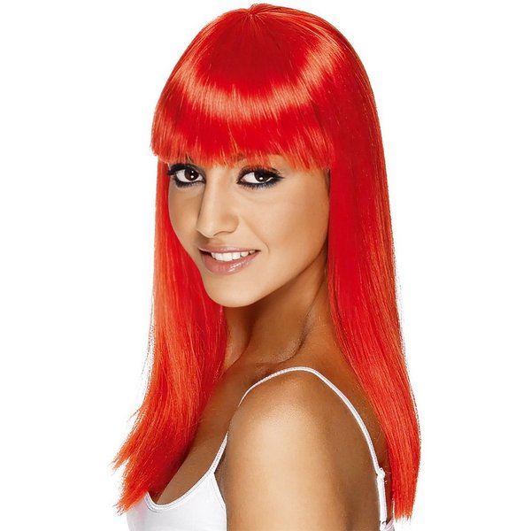 Metamorph Kostüm-Perücke Straight Cut Perücke mit Pony neon-rot, Gerade geschnittenes Kunsthaar in leuchtender Farbe
