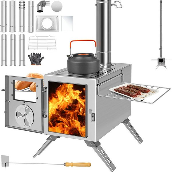 Meulbaty Feuerstelle Heißer Zeltofen, Camping-Holzofen für Zelt, tragbarer Holzofen, (1-St), aus Edelstahl, mit 7 Kaminrohren für Wandzelt-Camping, Kochen