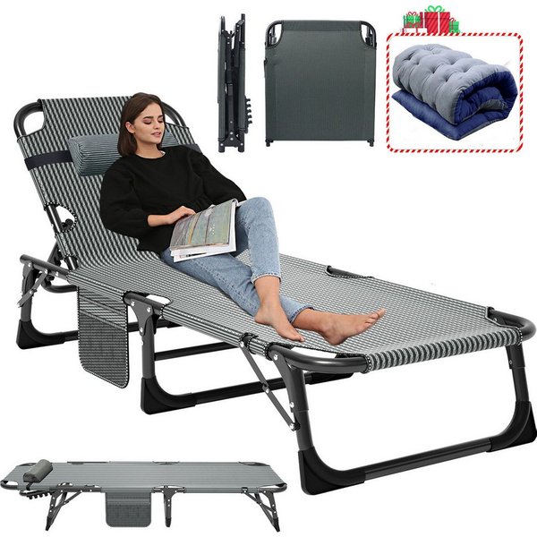 Meulbaty Klappbett Gästebett, Sonnenliege, Campingbett, 220KG lastlager Gartenliege (1-St) mit 2,3-3cm Matratze Seitentasche und Kopfstütze
