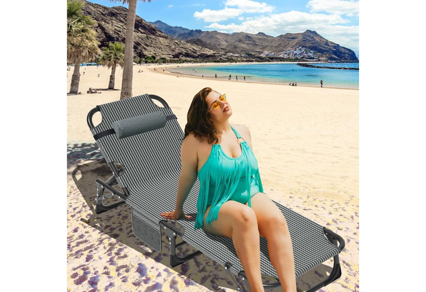 Meulbaty Klappbett Gästebett, Sonnenliege, Campingbett, 220KG lastlager Gartenliege (1-St) mit 2,3-3cm Matratze Seitentasche und Kopfstütze – Bild 2 von 5