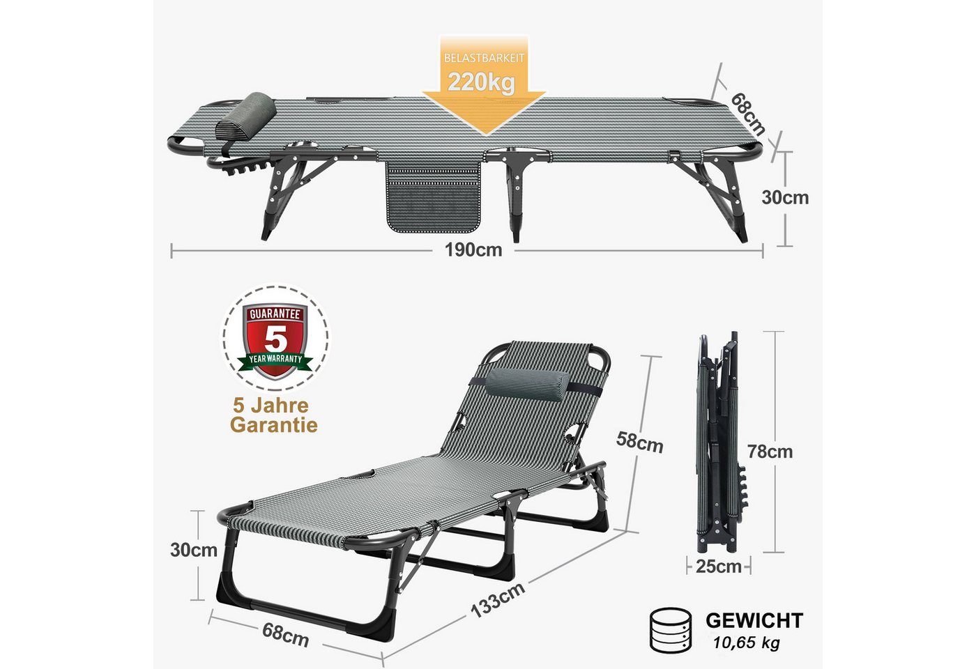 Meulbaty Klappbett Gästebett, Sonnenliege, Campingbett, 220KG lastlager Gartenliege (1-St) mit 2,3-3cm Matratze Seitentasche und Kopfstütze – Bild 4 von 5