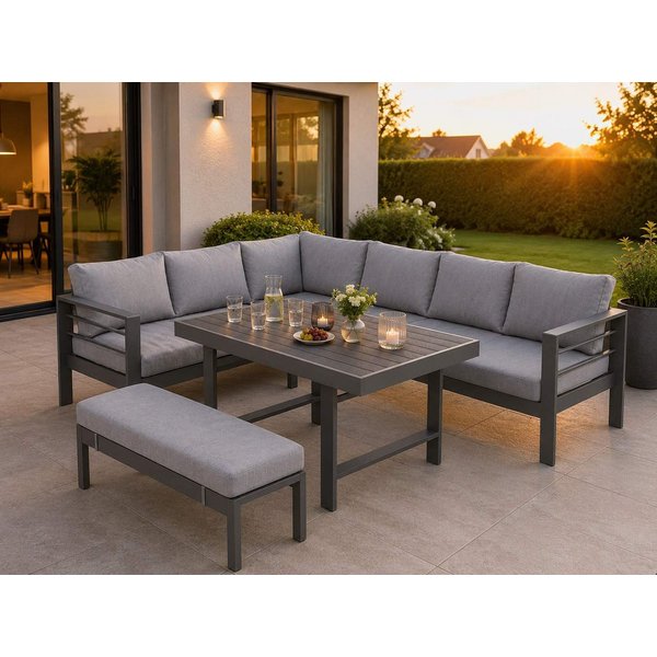 MeXo Gartenlounge-Set Aluminium Gartenmöbel Ecklounge, (L-Form Sofa links, 5-tlg., XXL Terrassenmöbel Set mit Esstisch), Lounge Gartenmöbelset für 6-8 Personen