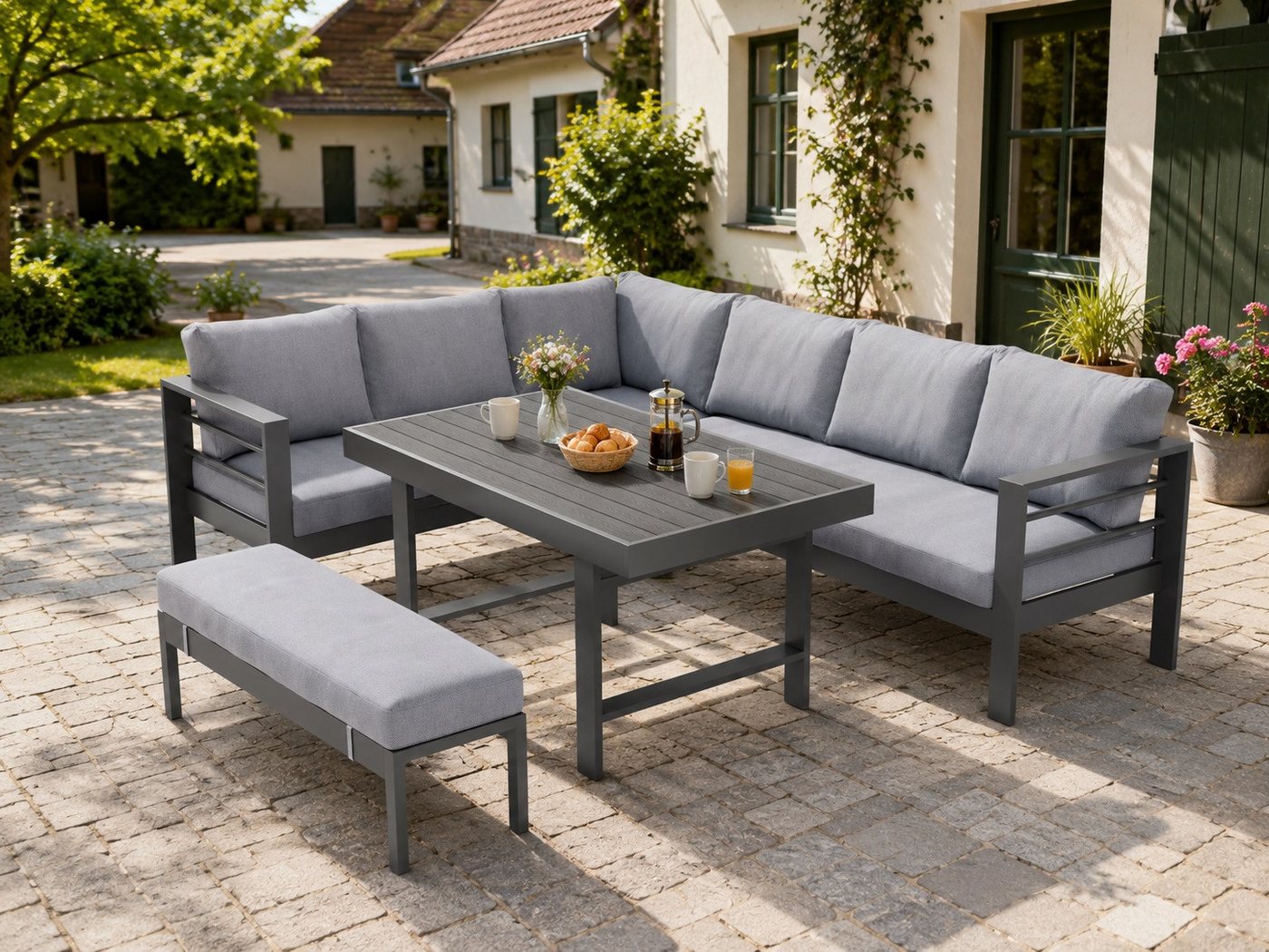 MeXo Gartenlounge-Set Aluminium Gartenmöbel Ecklounge, (L-Form Sofa links, 5-tlg., XXL Terrassenmöbel Set mit Esstisch), Lounge Gartenmöbelset für 6-8 Personen – Bild 3 von 5