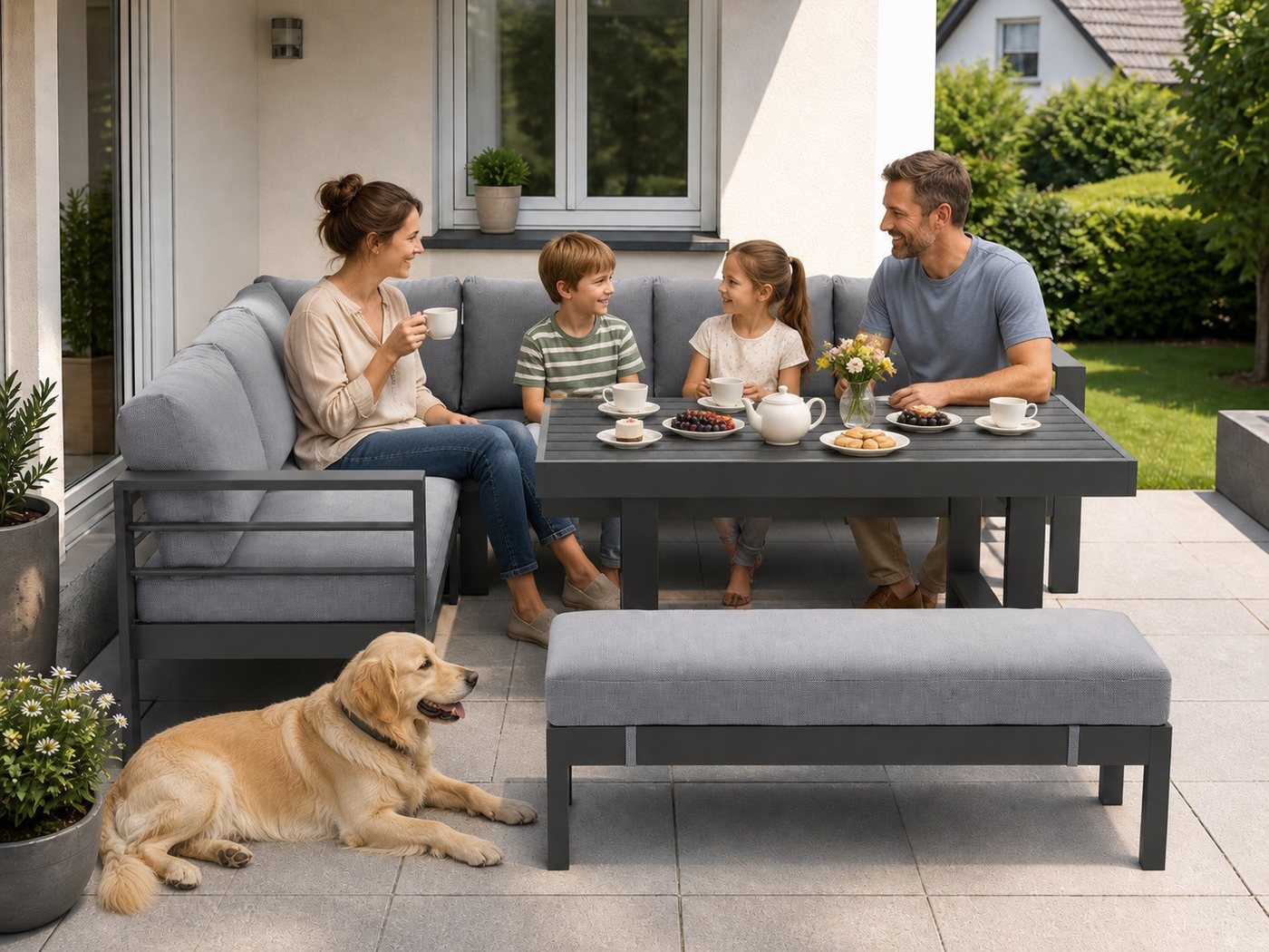 MeXo Gartenlounge-Set Aluminium Gartenmöbel Ecklounge, (L-Form Sofa links, 5-tlg., XXL Terrassenmöbel Set mit Esstisch), Lounge Gartenmöbelset für 6-8 Personen – Bild 4 von 5