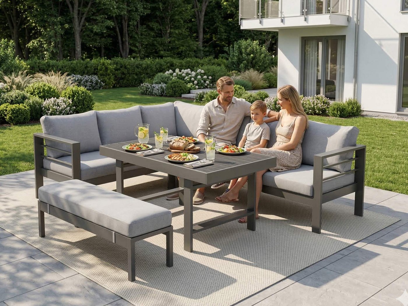 MeXo Gartenlounge-Set Aluminium Gartenmöbel Ecklounge, (L-Form Sofa links, 5-tlg., XXL Terrassenmöbel Set mit Esstisch), Lounge Gartenmöbelset für 6-8 Personen – Bild 5 von 5