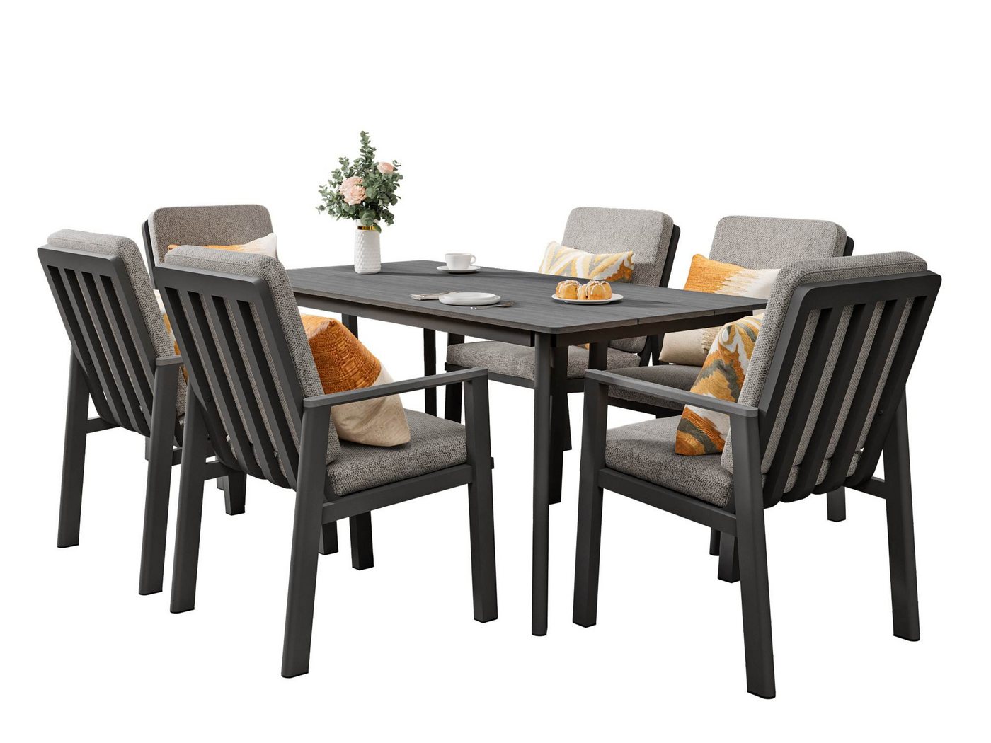MeXo Gartenlounge-Set Aluminium Gartenmöbel Set, (150 x 80 cm Gartentisch, 7-tlg., mit 6 Stühlen), wetterfeste Essgruppe für Terrasse Balkon Garten – Bild 2 von 5