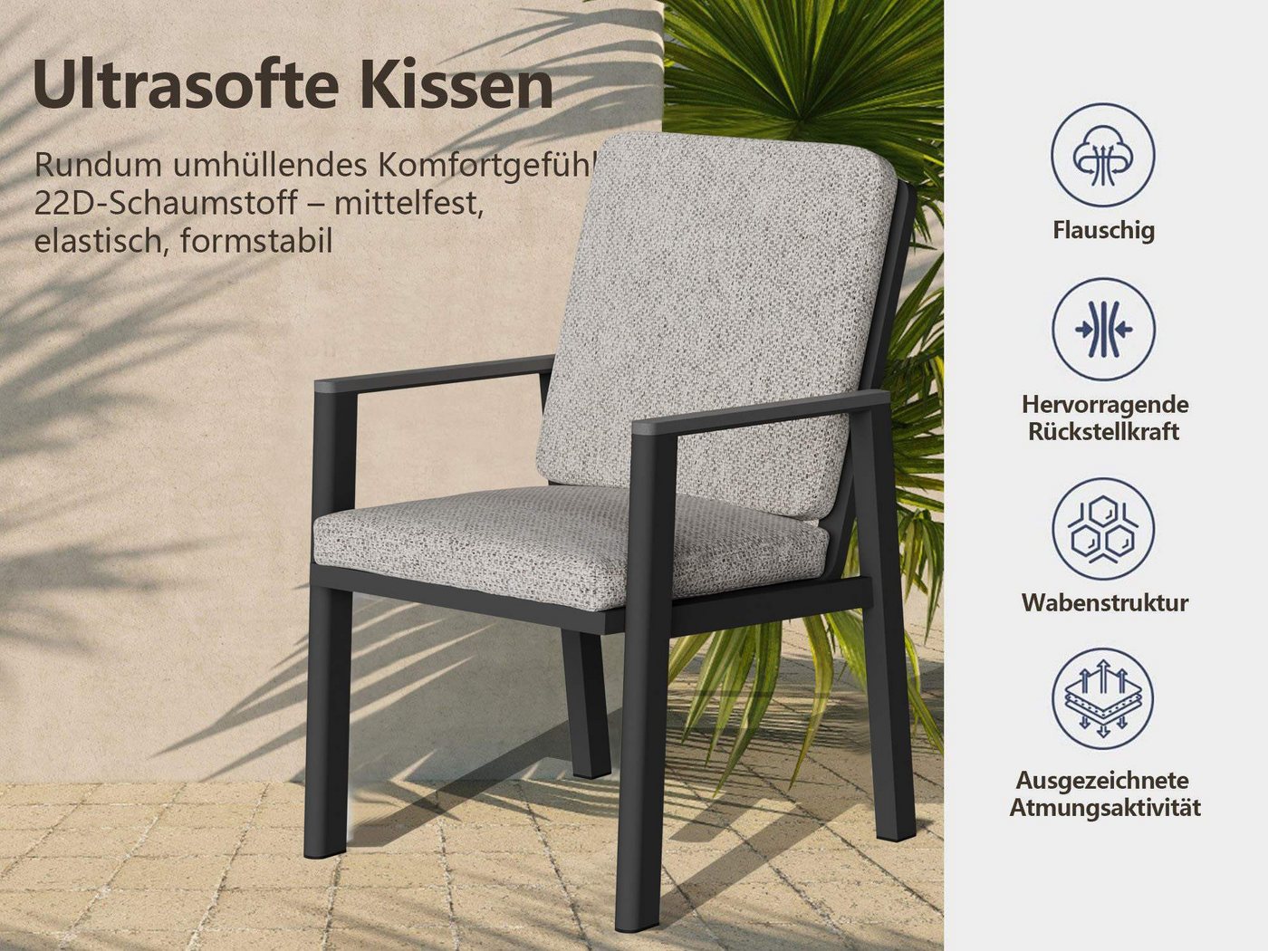 MeXo Gartenlounge-Set Aluminium Gartenmöbel Set, (150 x 80 cm Gartentisch, 7-tlg., mit 6 Stühlen), wetterfeste Essgruppe für Terrasse Balkon Garten – Bild 5 von 5
