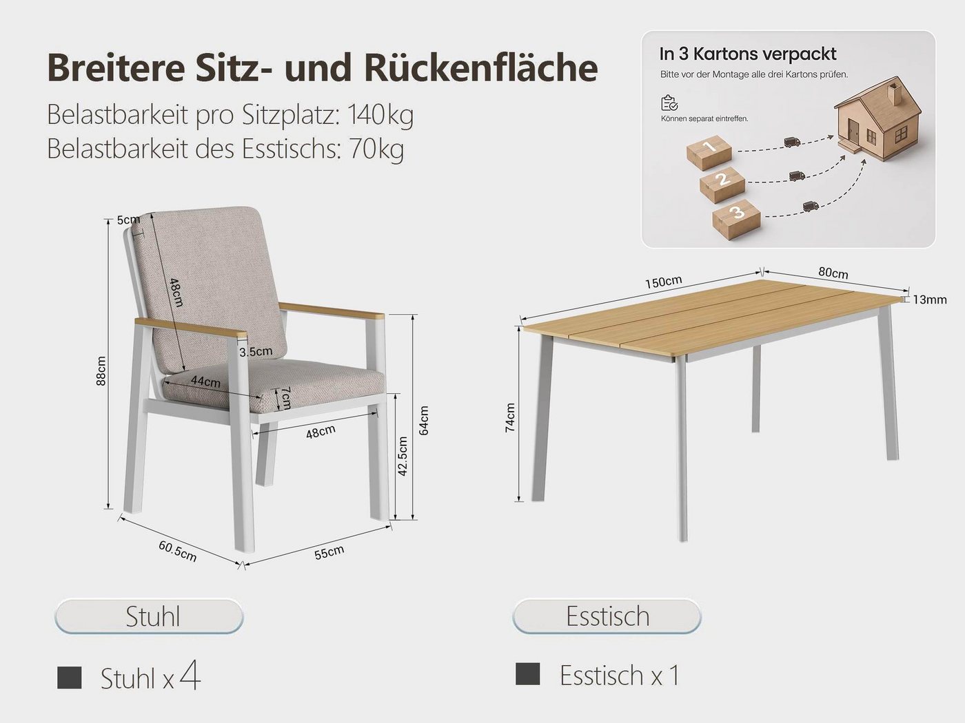 MeXo Gartenlounge-Set Aluminium Gartenmöbel Set, (150 x 80 cm Gartentisch, 5-tlg., mit 4 Stühlen), wetterfeste Essgruppe für Terrasse Balkon Garten – Bild 3 von 5