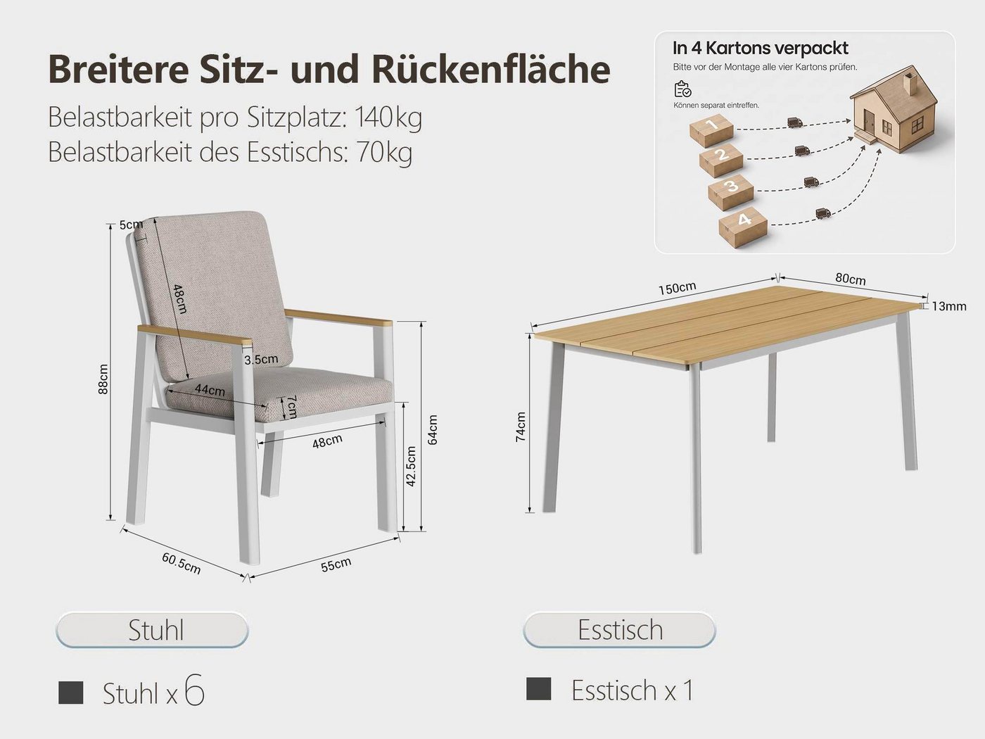 MeXo Gartenlounge-Set Aluminium Gartenmöbel Set, (150 x 80 cm Gartentisch, 7-tlg., mit 6 Stühlen), wetterfeste Essgruppe für Terrasse Balkon Garten – Bild 3 von 5