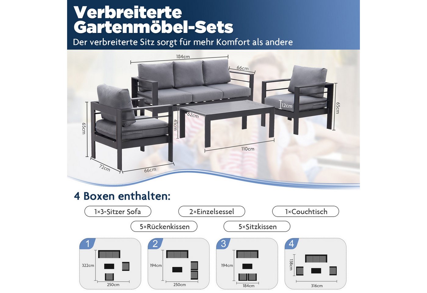 MeXo Gartenlounge-Set Gartenmöbel Set 4-5 Personen Aluminium Wetterfest, (12cm Deluxe Relax-Sitzkissen, 4-tlg., Belastbarkeit pro Sitzplatz 140kg), Lounge Garte – Bild 3 von 5