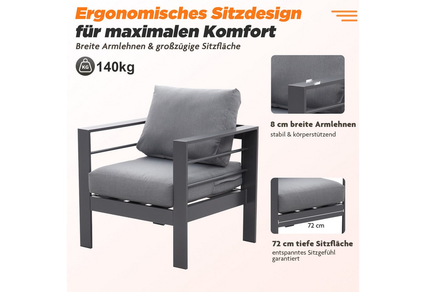 MeXo Gartenlounge-Set Gartenmöbel Set 4-5 Personen Aluminium Wetterfest, (12cm Deluxe Relax-Sitzkissen, 4-tlg., Belastbarkeit pro Sitzplatz 140kg), Lounge Garte – Bild 4 von 5