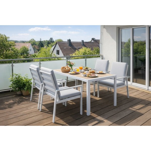 MeXo Gartenlounge-Set Gartenmöbel Set Aluminium Outdoor, (Garten-Essgruppe für 4 Personen, 5-tlg., mit Polywood Tisch & Auflagen), wetterfest für Terrasse & Gar