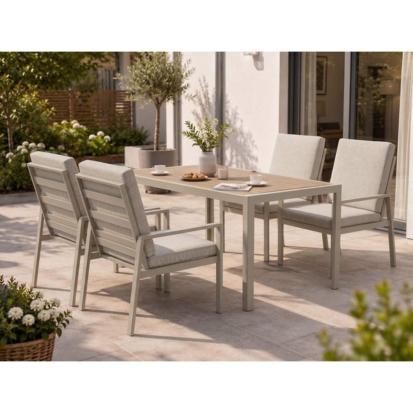MeXo Gartenlounge-Set Gartenmöbel Set aus Aluminium mit Esstisch, (wetterfest, hoher Sitzkomfort, 5-tlg., bis 140 kg belastbar), mit pflegeleichte Polywood-Tisc
