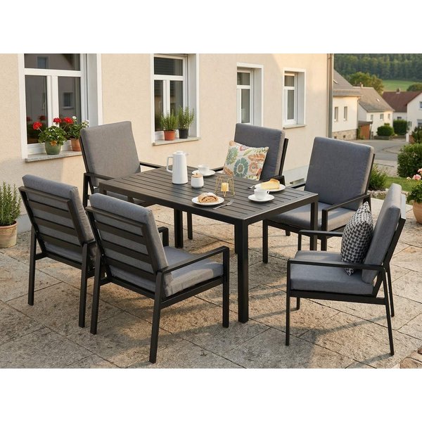MeXo Gartenlounge-Set Gartenmöbel Set mit Esstisch, (Gartenessgruppe Set 6 Personen, Aluminium, wetterfest, hoher Sitzkomfort), mit pflegeleichte Polywood-Tisch