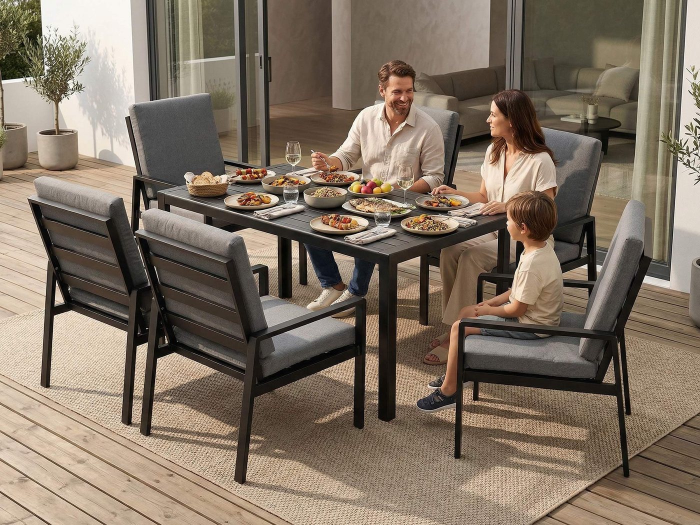 MeXo Gartenlounge-Set Gartenmöbel Set mit Esstisch, (Gartenessgruppe Set 6 Personen, Aluminium, wetterfest, hoher Sitzkomfort), mit pflegeleichte Polywood-Tisch – Bild 3 von 5