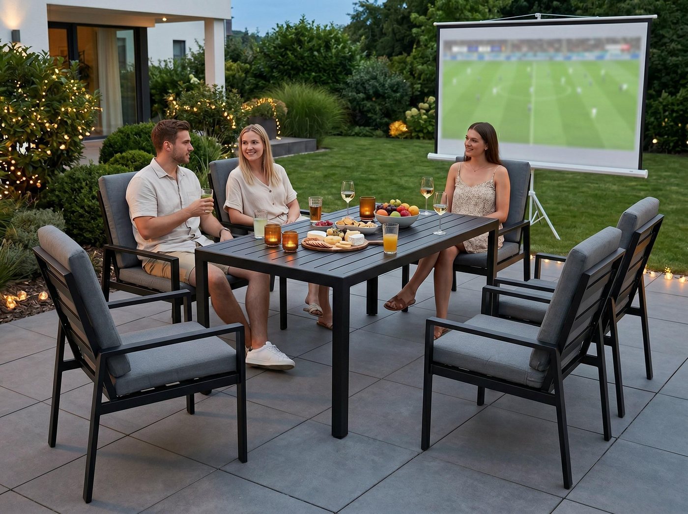 MeXo Gartenlounge-Set Gartenmöbel Set mit Esstisch, (Gartenessgruppe Set 6 Personen, Aluminium, wetterfest, hoher Sitzkomfort), mit pflegeleichte Polywood-Tisch – Bild 4 von 5