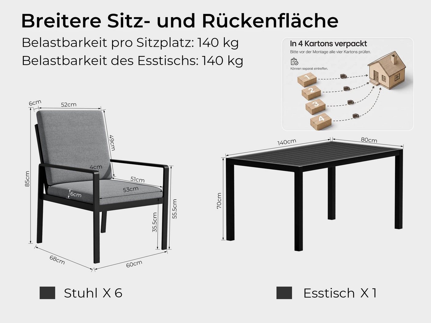 MeXo Gartenlounge-Set Gartenmöbel Set mit Esstisch, (Gartenessgruppe Set 6 Personen, Aluminium, wetterfest, hoher Sitzkomfort), mit pflegeleichte Polywood-Tisch – Bild 5 von 5