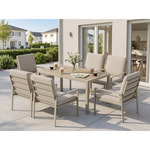 MeXo Gartenlounge-Set Gartenmöbel Set mit Esstisch, (Gartenessgruppe Set 6 Personen, Aluminium, wetterfest, hoher Sitzkomfort), mit pflegeleichte Polywood-Tisch