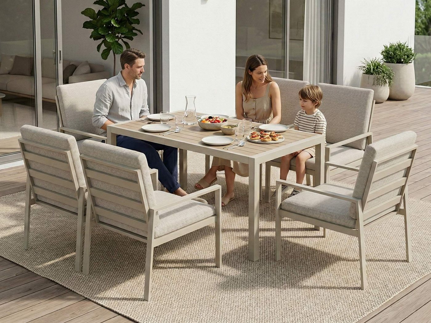 MeXo Gartenlounge-Set Gartenmöbel Set mit Esstisch, (Gartenessgruppe Set 6 Personen, Aluminium, wetterfest, hoher Sitzkomfort), mit pflegeleichte Polywood-Tisch – Bild 3 von 5