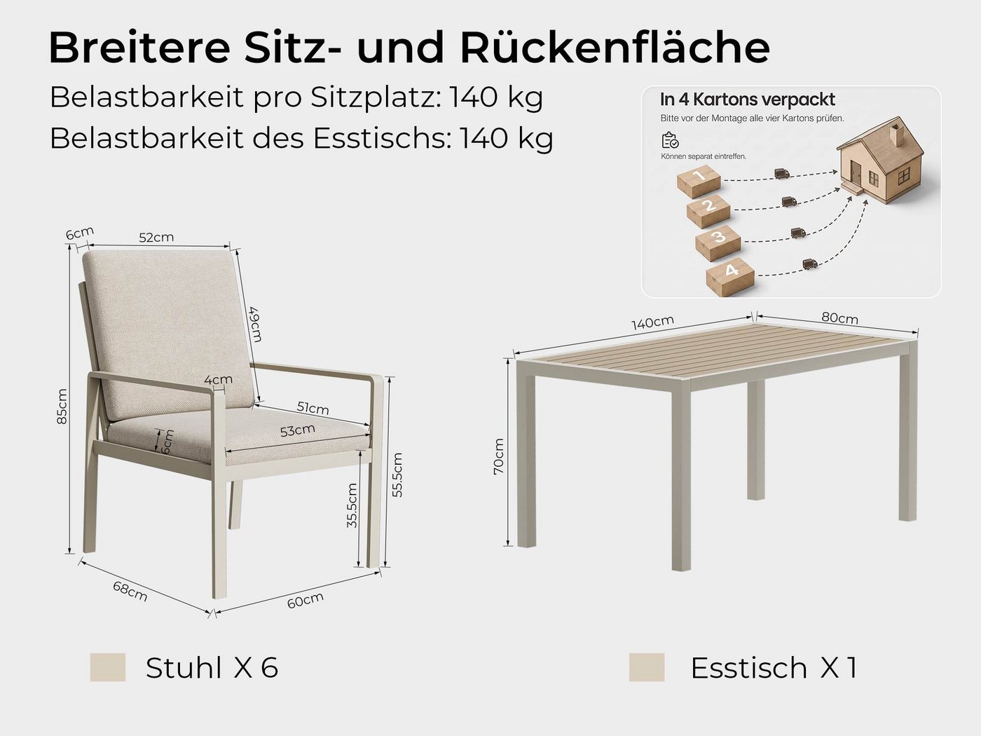 MeXo Gartenlounge-Set Gartenmöbel Set mit Esstisch, (Gartenessgruppe Set 6 Personen, Aluminium, wetterfest, hoher Sitzkomfort), mit pflegeleichte Polywood-Tisch – Bild 5 von 5
