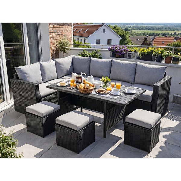 MeXo Gartenlounge-Set Polyrattan Gartenmöbel Set 8 Personen mit Esstisch, (Belastbarkeit pro Sitzplatz bis zu 140kg, 7-tlg., 3x Hocker, 2x 2er Sofa, 1xEcksofa,