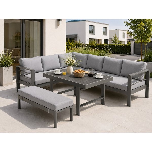 MeXo Gartenlounge-Set XXL Lounge Gartenmöbelset aus Aluminium, wetterfest, (Ecksofa mit linker Ecke für 6-8 Personen, 5-tlg., 12/15 cm dicke Kissen, Terrassenmö