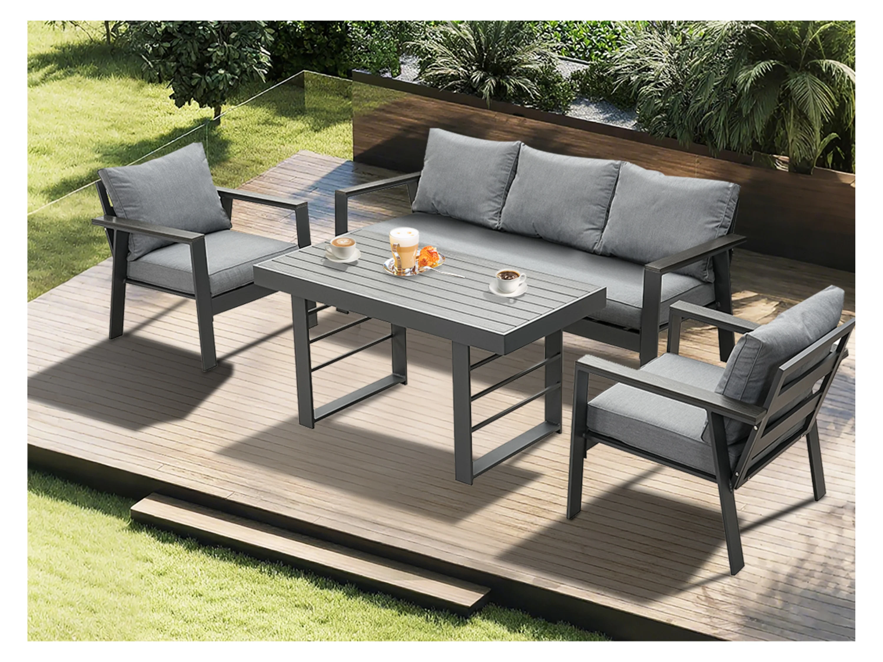 MEXO Gartenmöbel Lounge-Set »Neapel«, inkl. Polster (5-Sitzer / Esstisch, Grau / Dunkelgrau) – Bild 2 von 4